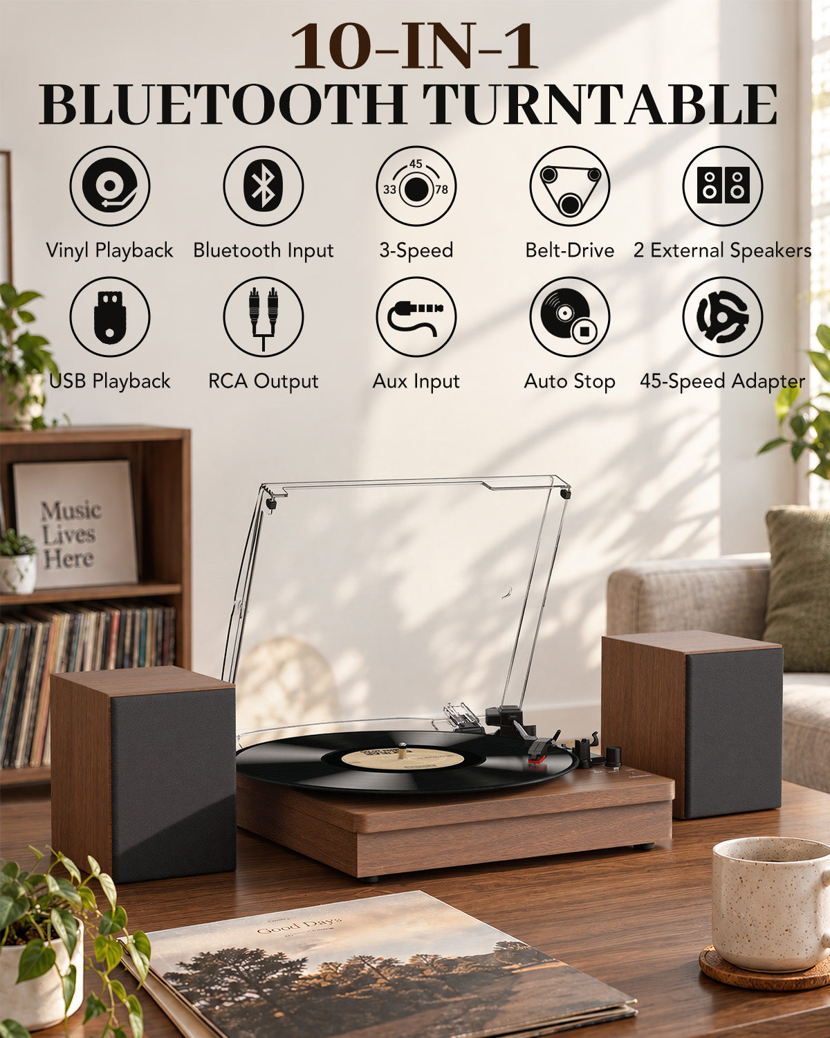 Retrolife Record Player with 2 External Speakers, R612-2 Brown