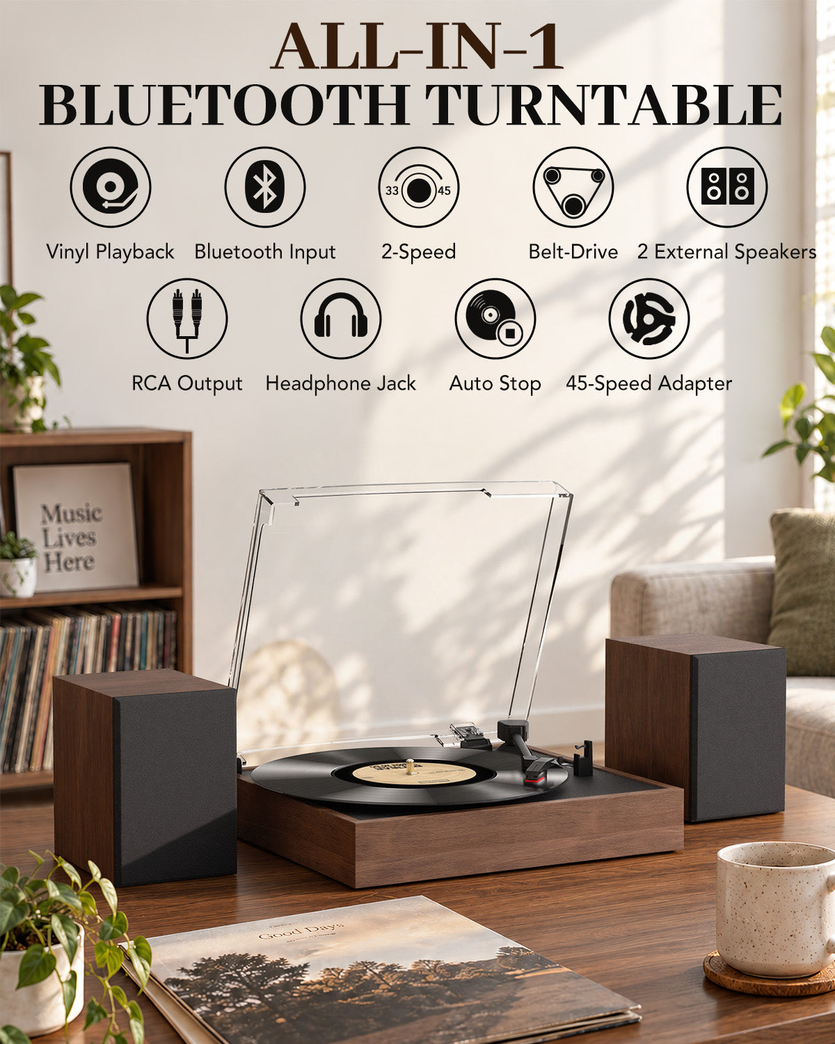 Retrolife Record Player with 2 External Speakers, R612-2, Walnut