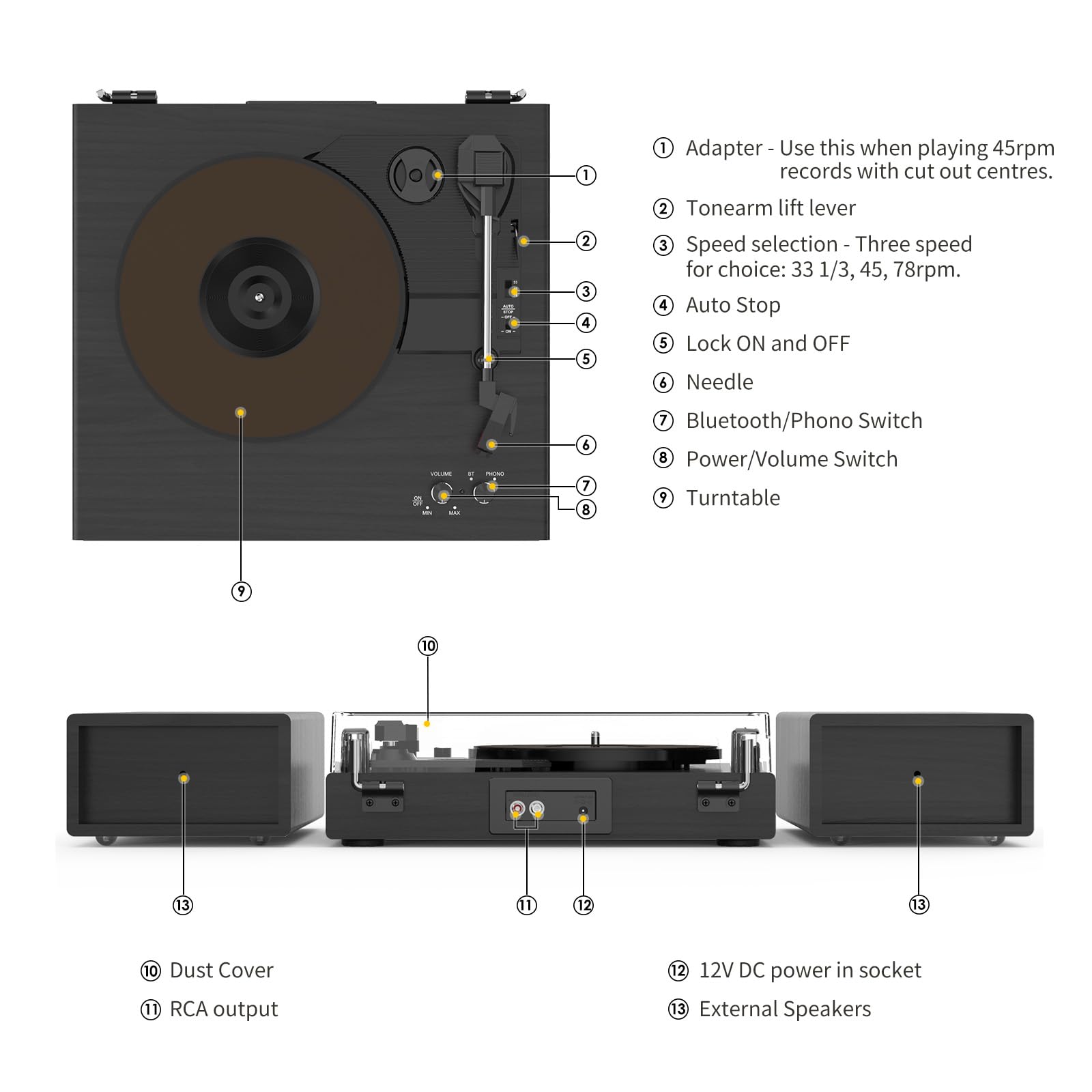 Record Player with 2X External Speakers JM102,Black