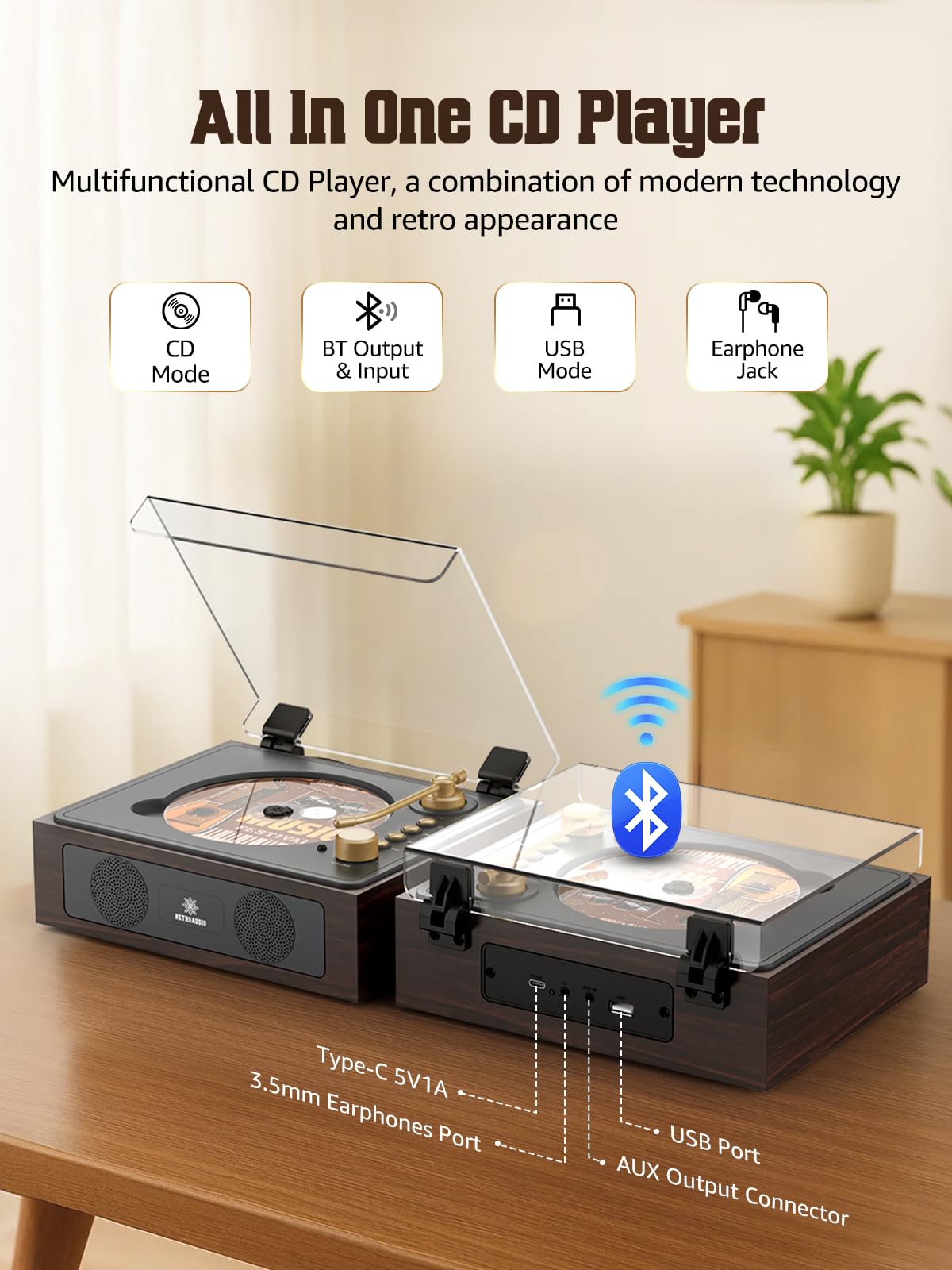 RetroAudio Portable CD Player C2-1,Walnut Brown