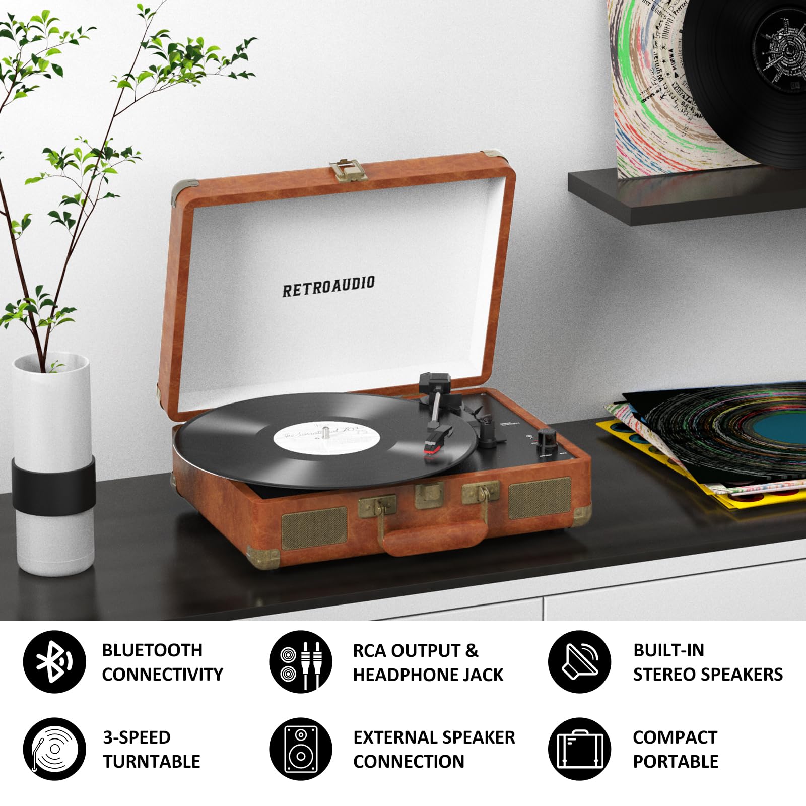 RetroAudio Portable Suitcase Records Player JM101,Brown