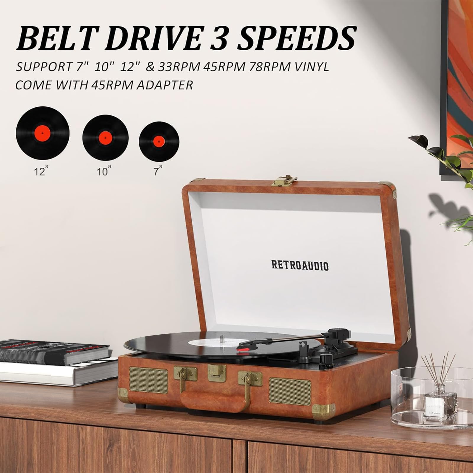 RetroAudio Portable Suitcase Records Player JM101,Brown