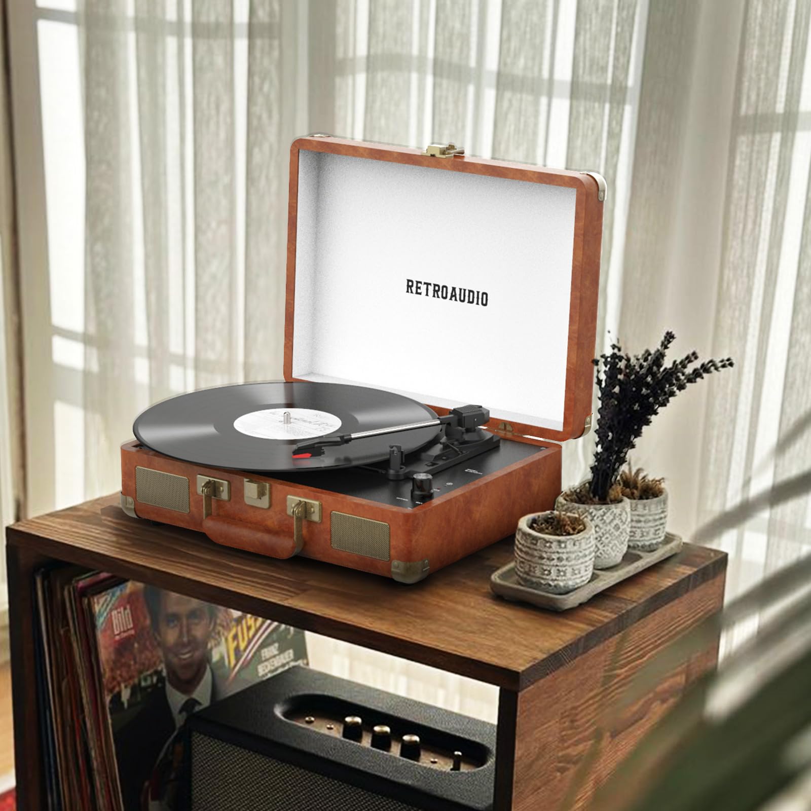 RetroAudio Portable Suitcase Records Player JM101,Brown