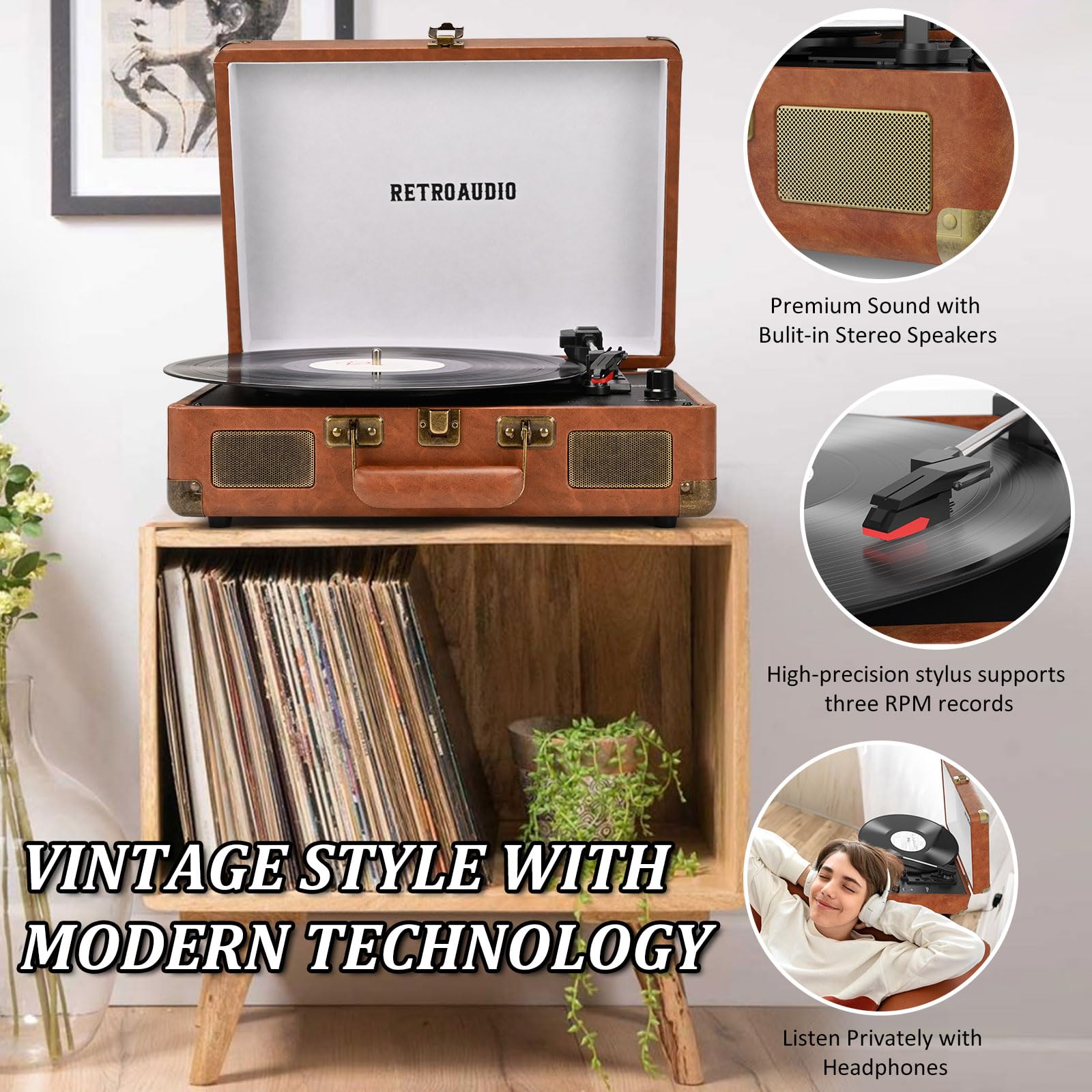 RetroAudio Portable Suitcase Records Player JM101,Brown